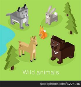 Wild animal set isometric 3d design. Wild animals isolated, bear isometric, zoo collection wild animal, rabbit nature, wildlife flat animal set icon forest vector illustration