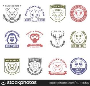 Wild Animal Stamps Set. Wild animal stamps set with pretty monkey bar and lions pride summer camping symbols flat isolated vector illustration
