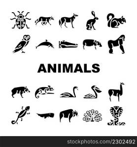 Wild Animals, Birds And Insects Icons Set Vector. Alligator Reptile And Cobra Snake, Hippopotamus And Dolphin Marine Mammal Animals, Squirrel And Chameleon Glyph Pictograms Black Illustrations. Wild Animals, Birds And Insects Icons Set Vector