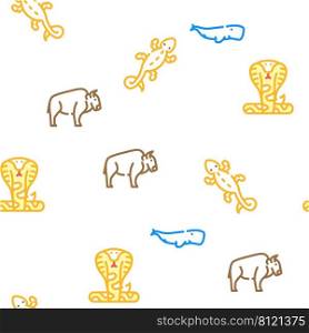 Wild Animals, Birds And Insects Vector Seamless Pattern Color Line Illustration. Wild Animals, Birds And Insects Icons Set Vector