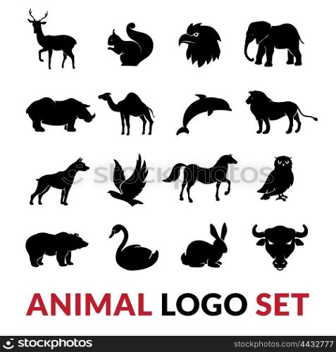 Wild Animals Black Logo Icons Set . Wild animals black silhouettes logo icons set with lion elephant swan squirrel and camel vector isolated illustration