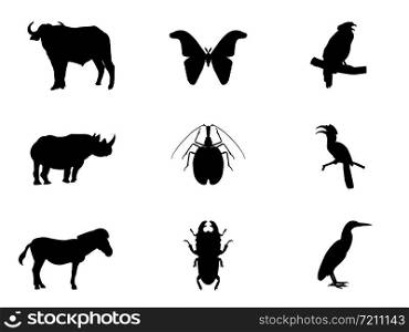 Wild animals black silhouettes, Bird, insect and wildlife vector illustration isolated on white