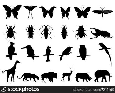 Wild animals black silhouettes, Bird, insect and wildlife vector illustration isolated on white