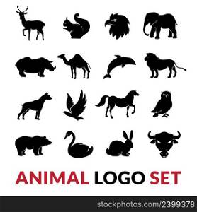 Wild animals black silhouettes logo icons set with lion elephant swan squirrel and camel vector isolated illustration . Wild Animals Black Logo Icons Set 