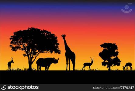 Wild animals black silhouettes, Vector illustration isolated on sunset