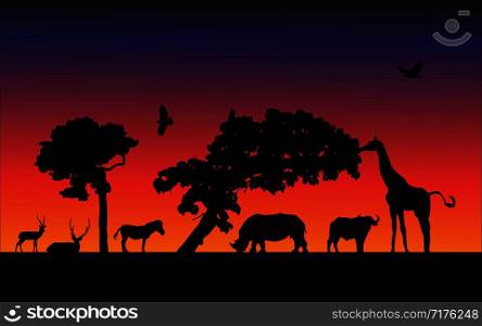 Wild animals black silhouettes, Vector illustration isolated on sunset