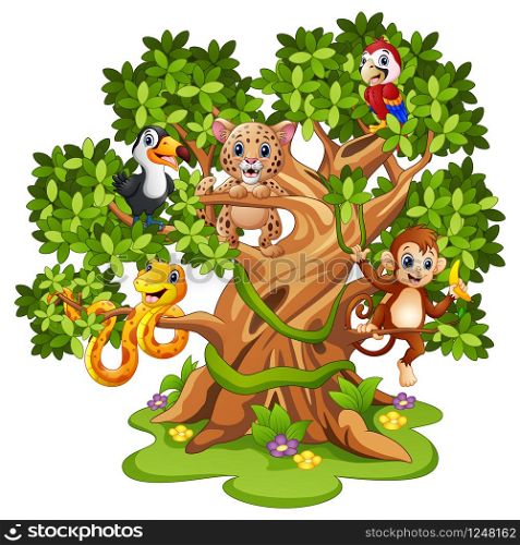 Wild animals cartoon on the trees