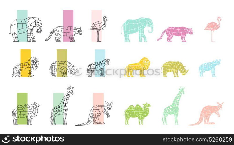 Wild Animals Flat Polygonal Icons Set. Southern wild animals polygonal linear computer graphic image color choosing process flat icons set vector illustration