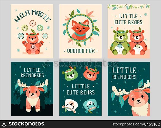 Wild animals greeting cards set. Friendly cartoon bears, fox, reindeer with native American decorations. Vector illustrations with text. Wildlife concept for flyers and posters design