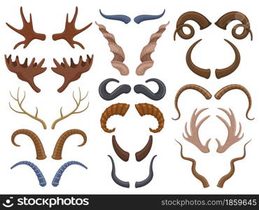 Wild animals horns antlers, reindeer, bull, goat. Hunting trophy deer, ibex, sheep and moose horns isolated vector illustration set. Trophy wild animals horns. Reindeer horn and goat horny. Wild animals horns antlers, reindeer, bull, goat. Hunting trophy deer, ibex, sheep and moose horns isolated vector illustration set. Trophy wild animals horns