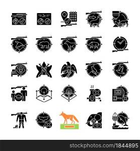 Wild animals hunting black glyph icons set on white space. Wildlife animal and bird hunt. Pursue and capture prey. Shooting and trapping. Silhouette symbols. Vector isolated illustration. Hunting black glyph icons set on white space