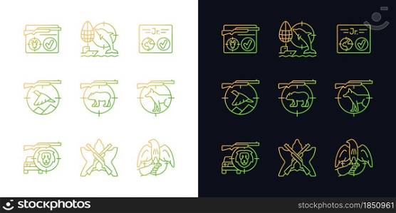 Wild animals hunting gradient icons set for dark and light mode. Big and small game hunting. Thin line contour symbols bundle. Isolated vector outline illustrations collection on black and white. Wild animals hunting light and dark theme RGB color icons set