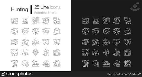 Wild animals hunting linear icons set for dark and light mode. Big and small game hunting. Hunt license. Customizable thin line symbols. Isolated vector outline illustrations. Editable stroke. Hunting linear icons set for dark and light mode