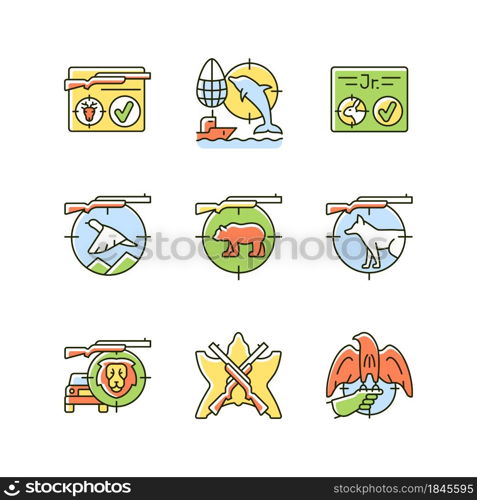 Wild animals hunting RGB color icons set. Big and small game hunting. Shooting with rifle and gun. Capture prey. Hunt license. Isolated vector illustrations. Simple filled line drawings collection. Wild animals hunting RGB color icons set