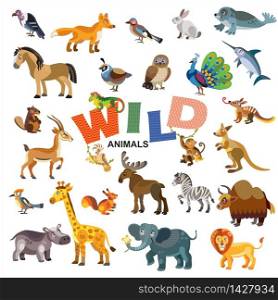 Wild animals in front view and side view large vector cartoon set in flat style isolated on white background. Vector illustration of animals for children. Great for children&rsquo;s designs, printed products and souvenirs.