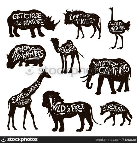 Wild Animals Lettering Black Icons Set. Wild african animals icons set with save nature message white on black lettering abstract isolated vector illustration