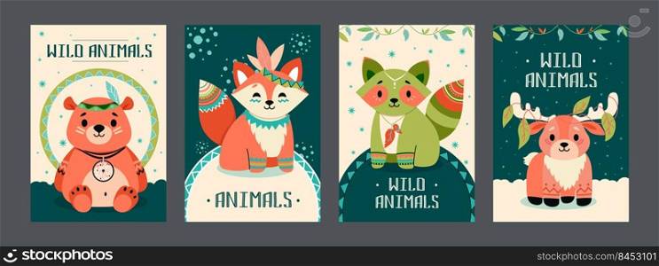 Wild animals posters set. Friendly cartoon bear, fox, raccoon, moose with decorations in boho style. Vector illustrations with text. Wildlife concept for flyers and brochures design