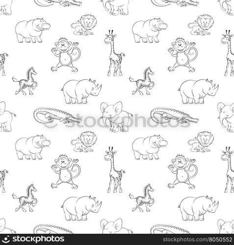 Wild animals seamless pattern cartoon style. Wild animals lion elephant zebra hippo monkey seamless pattern cartoon style