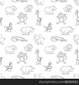 Wild animals seamless pattern cartoon style. Wild animals lion elephant zebra hippo monkey seamless pattern cartoon style