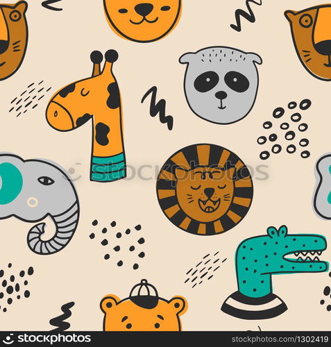 Wild animals seamless pattern. Scandinavian background with panda, crocodile, elephant, bear, tiger, lion, giraffe. Can be used for wallpaper, wrapping, textile, fabric.