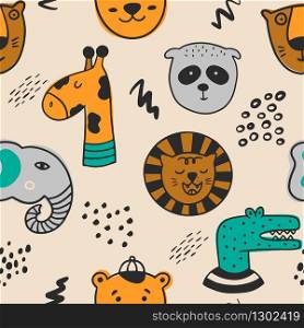 Wild animals seamless pattern. Scandinavian background with panda, crocodile, elephant, bear, tiger, lion, giraffe. Can be used for wallpaper, wrapping, textile, fabric.