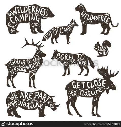 Wild animals silhouettes with lettering chalk board isolated vector illustration. Wild Animals Silhouettes With Lettering