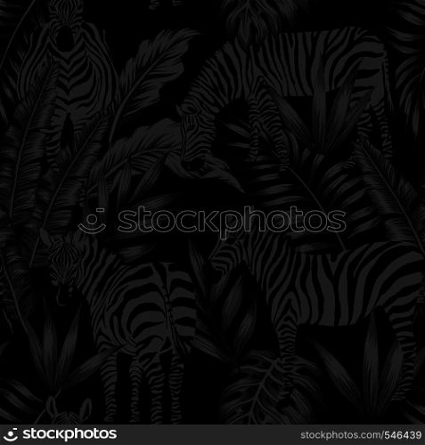 Wild animals vector zebra pattern print tropical leaves in black style seamless pattern vintage beach party night poster flyer design
