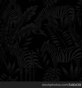 Wild animals vector zebra pattern print tropical leaves in black style seamless pattern vintage beach party night poster flyer design