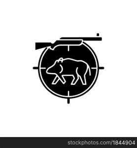 Wild boar hunting black glyph icon. Capture and kill wild hog. Ferral peccary and pig. Hunting with dog. Pursue tusker. Wildlife animal. Silhouette symbol on white space. Vector isolated illustration. Wild boar hunting black glyph icon
