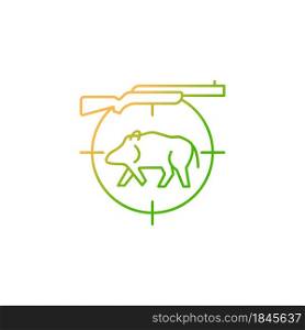 Wild boar hunting gradient linear vector icon. Capture and kill wild hog. Ferral peccary and pig. Hunting with dog. Thin line color symbol. Modern style pictogram. Vector isolated outline drawing. Wild boar hunting gradient linear vector icon