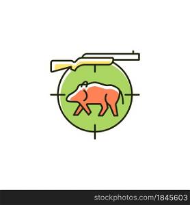 Wild boar hunting RGB color icon. Capture and kill wild hog. Feral peccary and pig. Hunting with dog. Pursue tusker. Wildlife animal. Isolated vector illustration. Simple filled line drawing. Wild boar hunting RGB color icon