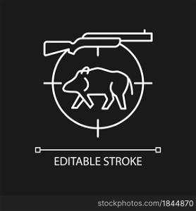 Wild boar hunting white linear icon for dark theme. Capture and kill wild hog. Feral peccary. Thin line customizable illustration. Isolated vector contour symbol for night mode. Editable stroke. Wild boar hunting white linear icon for dark theme