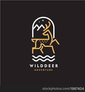 wild deer line art color vector illustration, mono line color deer, mountain, and river for adventure logo