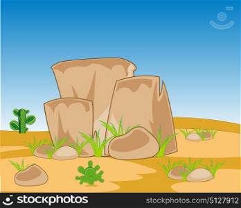 Wild deserted terrain. Stone mountain amongst lifeless desert with cactus