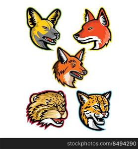 Wild Dogs and Wild Cats Mascot Collection. Sports mascot icon set of heads of wild dogs and cats like the African wild dog or painted hunting dog, dhole or Asiatic wild dog, maned wolf, manul or Pallas cat and margay wild cat on isolated background in retro style.. Wild Dogs and Wild Cats Mascot Collection