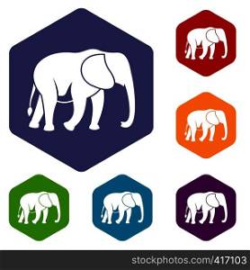 Wild elephant icons set rhombus in different colors isolated on white background. Wild elephant icons set