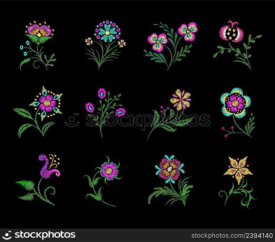 Wild embroidery flowers. Decorative floral embroidered elements. Garden seasonal handicraft on fabric. Asian style fashion silk stitch nowaday vector set. Illustration of vintage floral decorative. Wild embroidery flowers. Decorative floral embroidered elements. Garden seasonal handicraft on fabric. Asian style fashion silk stitch nowaday vector set