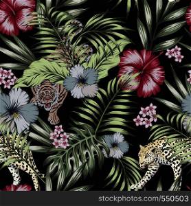Wild exotic animal tiger and panther in the night jungle with hibiscus flowers and palm banana leaves. Botanical vector seamless pattern on the black background