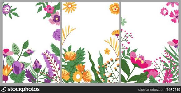 Wild flora and ornaments, decorative foliage on banner with copyspace for text. Bouquet and flowers in bloom, seasonal decor of spring or summer. Romantic card or poster. Vector in flat style. Blooming flowers with foliage and branches banners