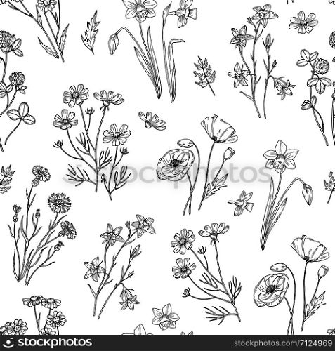 Wild flower pattern. Floral seamless wallpaper with wildflowers. Vintage fabric vector background. Illustration of seamless pattern wild flower summer. Wild flower pattern. Floral seamless wallpaper with wildflowers. Vintage fabric vector background