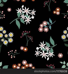 Wild flower seamless pattern on dark background,graphic design for fabric,print or textile,vector illustration