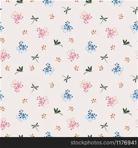Wild flower with dragonfly seamless pattern on blue and pink mood,vector illustration