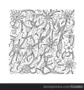 Wild flowers and leaves composition. Hand drawn style coloring page. Vector ilustration.