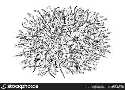 Wild flowers and leaves composition. Hand drawn style elements. Coloring page. Vector ilustration.