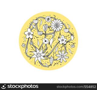 wild flowers and leaves round composition in doodle style. Vector ilustration.