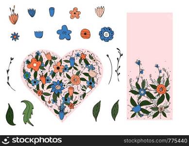 Wild flowers and leaves set. Doodle style collection of heart composition, vertical banners template and isolated objects. Vector ilustration.