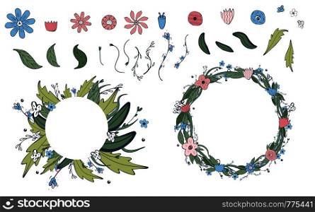 Wild flowers and leaves set. Doodle style collection of wreath and floral elements isolated on white background. Vector ilustration.