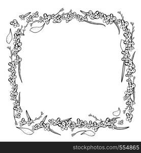 Wild flowers and leaves square frame. Hand drawn style composition. Vector ilustration.