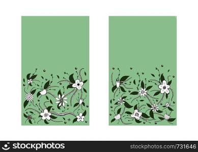 Wild flowers and leaves templates set. Doodle style backgrounds with space for text. Vector ilustration.