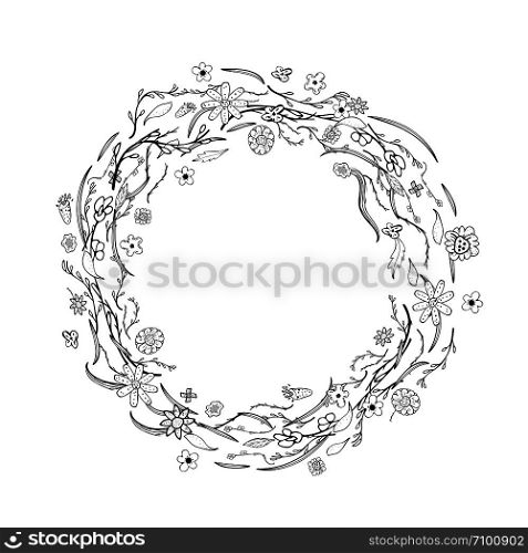 wild flowers and leaves wreath composition. Hand drawn style round border. Vector ilustration.